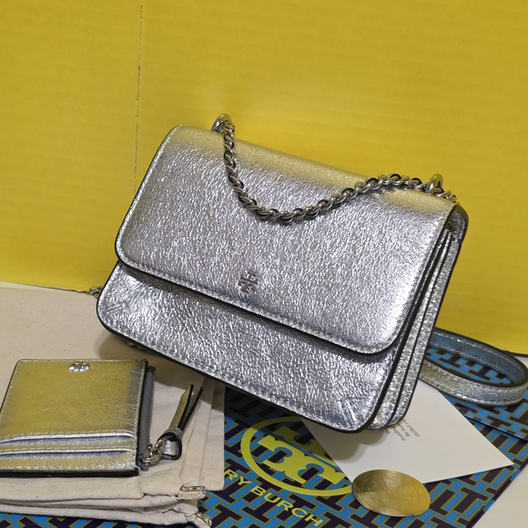 !!2PCS!! Tory Burch Metallic Silver Crossbody Bag & Card Case - Picture 2 of 11